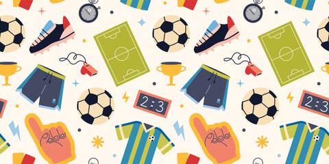 Seamless pattern with soccer equipment and fan accessories. Sport items like ball, jersey, field and uniform. Trendy vector illustration on a light background, hand drawn, flat design