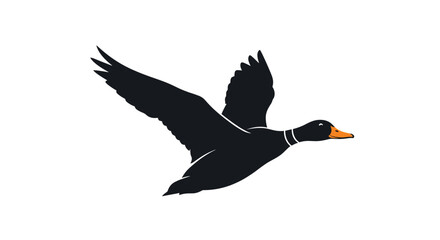 Solid black silhouette of a mallard duck in flight with an orange beak showing its wing span against a white background.