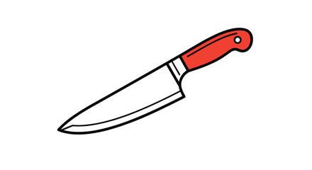 Obraz premium Professional chef kitchen knife with sharp steel blade and bright red ergonomic handle isolated on white for culinary or cooking themes.