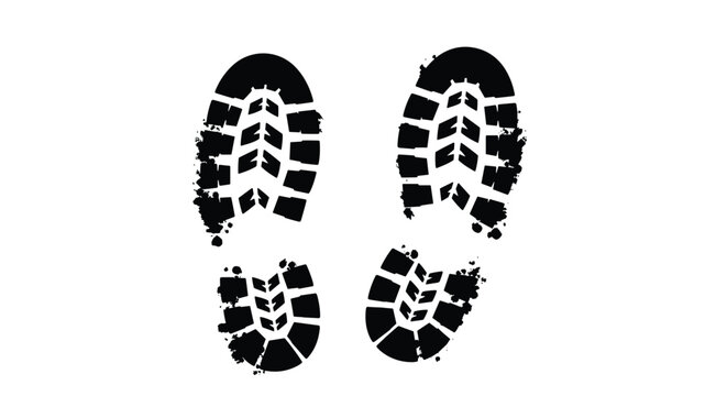 Black silhouette of two boot or shoe footprints with textured tread patterns showing mud or dirt splatters on a white background.