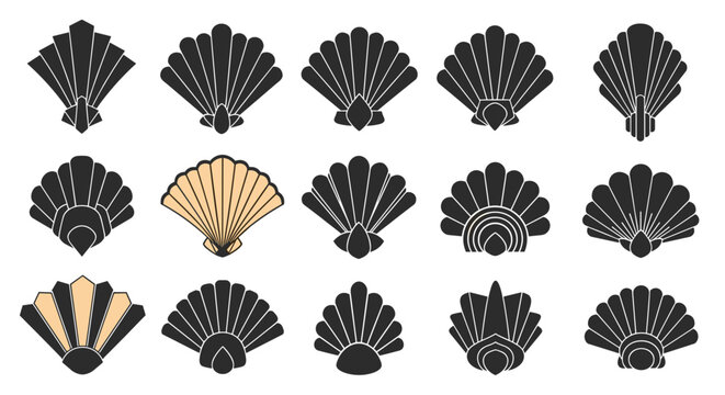 Set of fifteen art deco shell and fan motifs in black and peach color tones showing symmetrical architectural patterns.