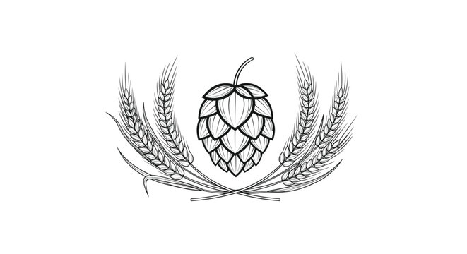Hand drawn engraving style illustration of hop cone surrounded by wheat ears for beer labels and bakery logos.
