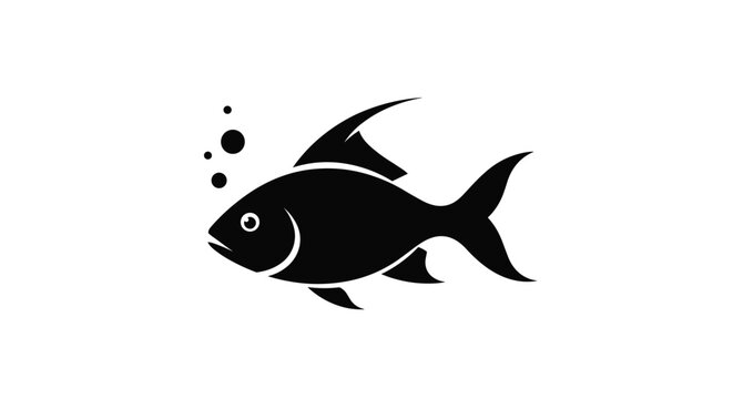 Minimalist black silhouette of fish swimming with air bubbles isolated on plain white background for fishing logos.