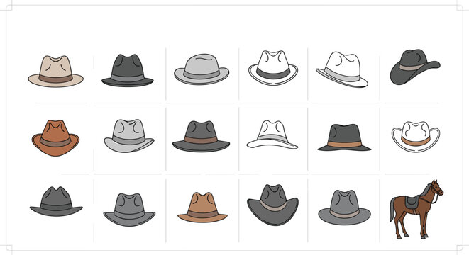 Large selection of various hat styles including fedoras and cowboy hats alongside a brown horse illustration.