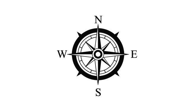 Classic black and white compass rose showing cardinal directions north south east and west for map navigation.