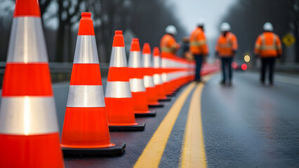 Road workers and traffic cones on a wet road with yellow lines