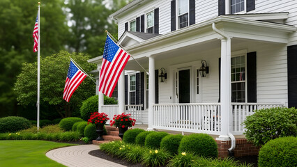 A white two story house with american flags on the porch