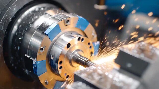 401Close-up of lathe chuck with workpiece ready for machining, micro details of clamping mechanism, metallic reflections, tool marks, and smooth polished surfaces emphasized