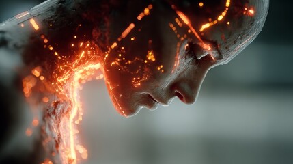 Abstract human head with glowing light particles around it, creating a surreal digital art portrait, perfect for technology or futuristic concepts