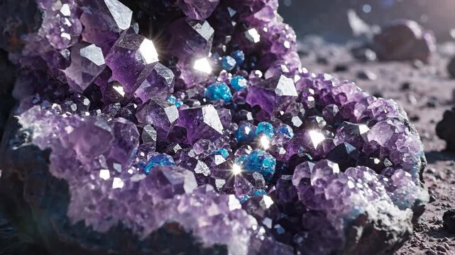 Vibrant amethyst crystal geodes bloom on a barren alien surface under macro lens focus