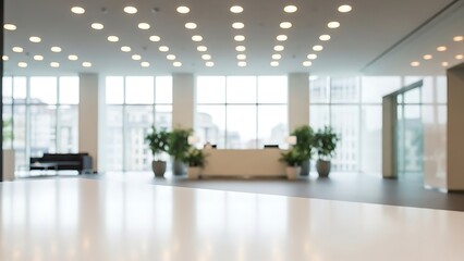 Fototapeta premium Modern Office Interior with Reception Desk and Plants in Bright Daylight Viewed from Workspace Perspective