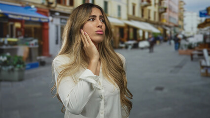 Young blonde woman holds hand on cheek for toothache in crowded city square  discomfort concern unease. © Krakenimages.com