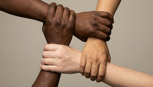 Four Diverse Hands Interlocked Symbolizing Unity and Collaboration