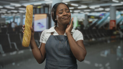 Woman baker in apron holds baguette, touches cheek with a wince in airport terminal; concern...