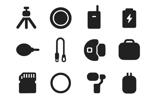 Vector camera filter tripod wireless pack accessories protective charger strap battery icon