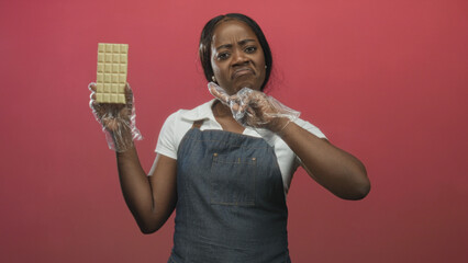 Woman holds large white chocolate bar with gloved hand and points finger at it in studio; disgust doubt.