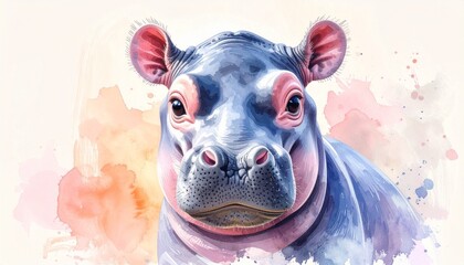 Niedliches Baby-Flusspferd &ndash; Aquarell Portr&auml;t