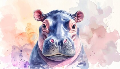 Niedliches Baby-Flusspferd &ndash; Aquarell Portr&auml;t