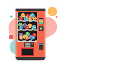 A red vending machine is filled with colorful capsule toys, ready for customers to purchase a surprise item with space for text.