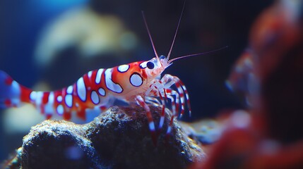 Marine shrimp with striking red and white spots on coral rock, sharp focus on delicate underwater life.