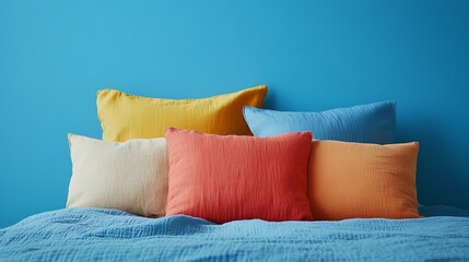 Bright and cozy bedroom with colorful pillows in yellow, orange, and blue on a soft blue bed.