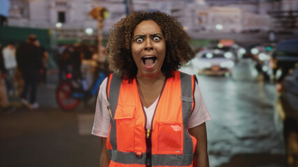 Young african american woman with mouth open shouting on city street in orange safety vest, cars and pedestrians blurred behind her; surprise.