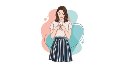 Obraz premium Stylish young woman in a striped skirt and white t-shirt looking down at her smartphone, with abstract color shapes in the background.