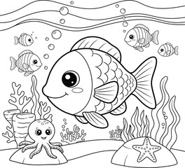 Fototapeta premium Underwater scene with a big smiling fish and friends isolated on transparent background