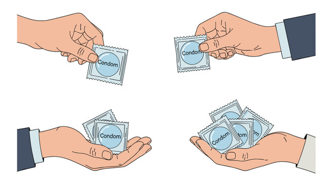 Collection of illustrations showing hands holding and offering packaged condoms to promote safe sex and contraception awareness. - Powered by Adobe
