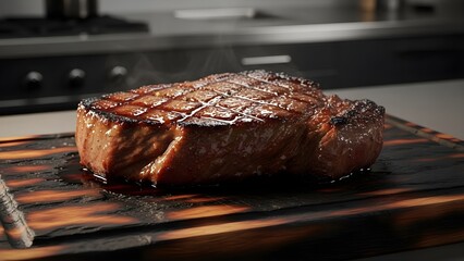 Grilled ribeye steak on wooden cutting board with juices and knife in kitchen