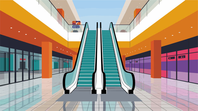 Modern minimalist illustration of a shopping mall interior featuring symmetrical escalators geometric flooring and vibrant contemporary wall colors.