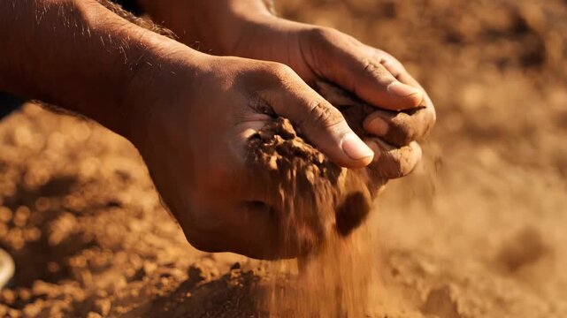 Warm Sun-Baked Earth Crumbles Between Hands, Showcasing Natural Texture and Soil Quality