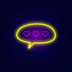 Neon chat bubble speech with hearts icon 