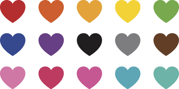 Fifteen solid color hearts arranged in three rows of five