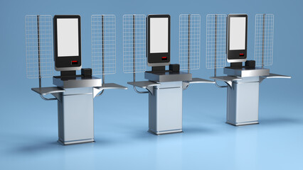 Retail self-checkout kiosks on light blue background. 3d illustration