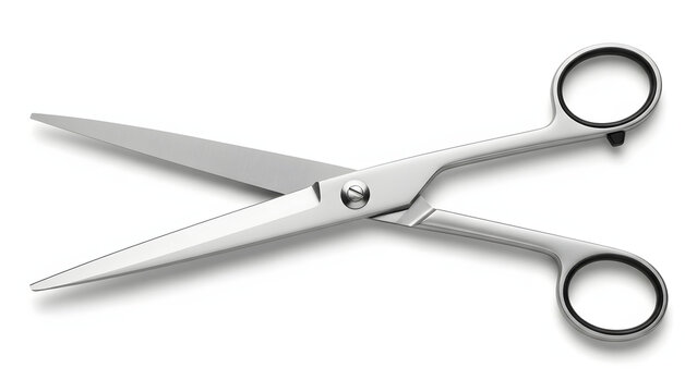 A pair of silver scissors on a white background