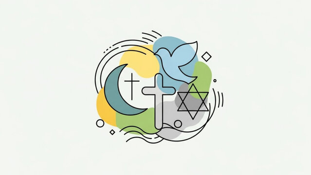 Religious symbols of christianity, judaism and islam, dove, cross, crescent moon and star, abstract background, spiritual and faith