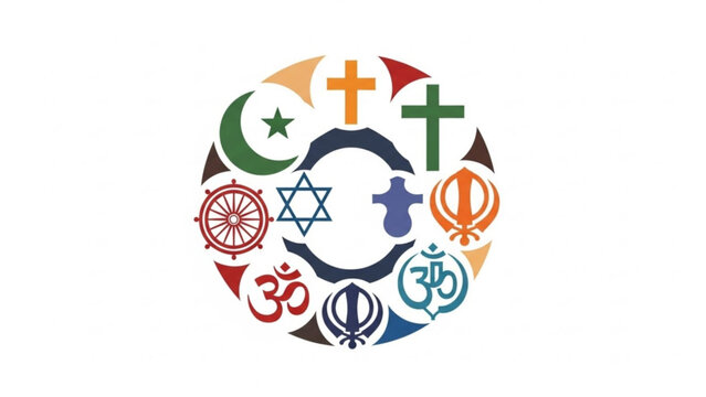 Diverse religious symbols in a circle representing unity and harmony among different faiths and cultures worldwide