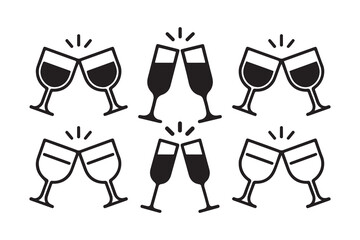 Glass icon set. Various wine glasses, a red wine glass, a champagne glass, hands toasting with wine and champagne glasses. vector illustration eps 10