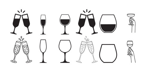 Glass icon set. Various wine glasses, a red wine glass, a champagne glass, hands toasting with wine and champagne glasses. vector illustration eps 10