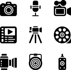 Nine black icons representing various video production and media tools
