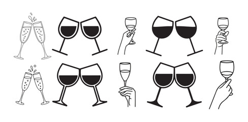 Glass icon set. Various wine glasses, a red wine glass, a champagne glass, hands toasting with wine and champagne glasses. vector illustration eps 10