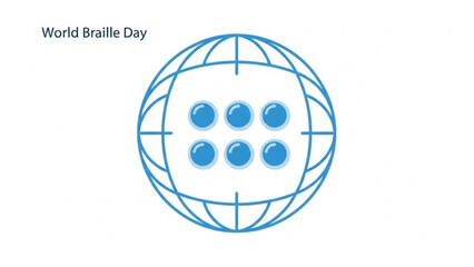 World braille day awareness symbol with blue globe and dots on white background for accessibility and vision impairment concepts