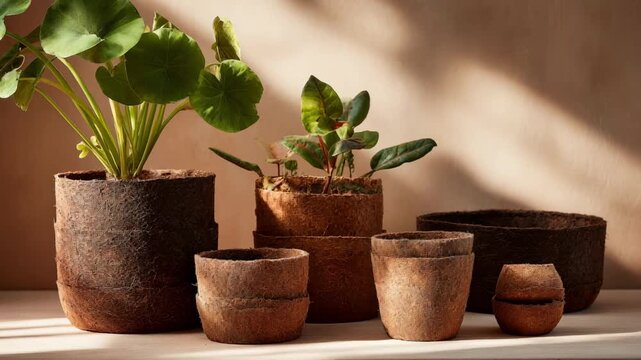 Ecoconscious medium shot featuring assorted biodegradable pots made from fiber coir and compost materials in natural light.