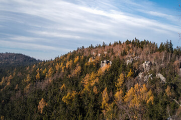 Sunny landscape of the Table Mountains with a view of vast meadows, forests and distant mountain ranges. Calm nature, clear sky and open space invite reflection, mindfulness and deep relaxation.