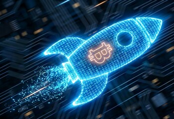 Bitcoin Price Surge Concept: Digital Rocket Made of Binary Code Launching on High-Tech Background