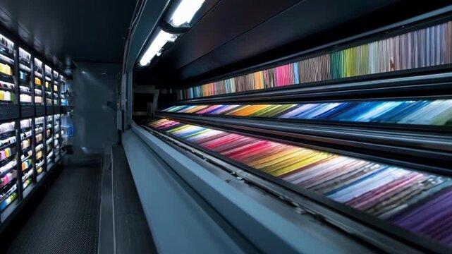 Medium shot capturing a color proofing booth under LED lighting highlighting the vividness and clarity of color swatches in a controlled energyefficient environment.