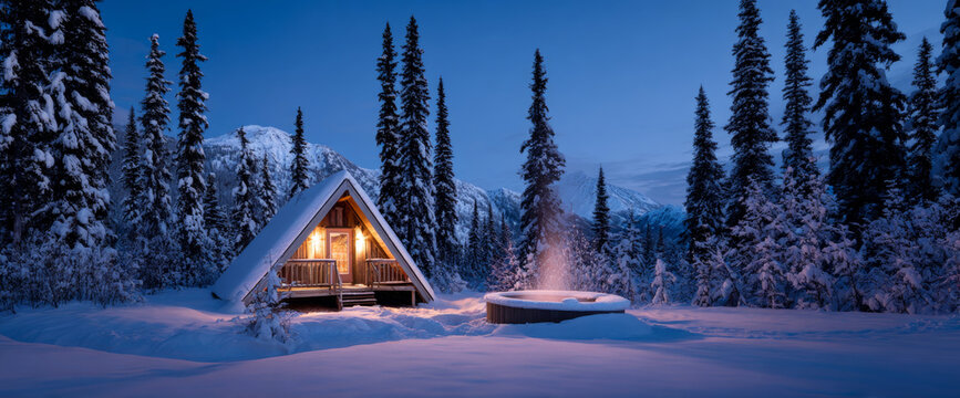 Cozy A-frame cabin with glowing lights and steaming hot tub surrounded by snow-covered pine trees and mountains at twilight