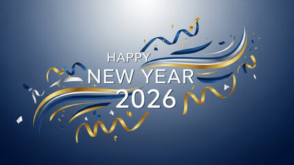 Naklejka premium Happy new year 2026 celebration design with blue and gold ribbons and confetti on dark background
