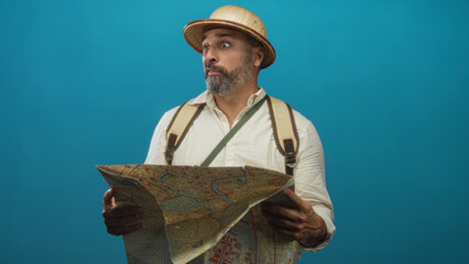 Man holding map and squinting in turquoise studio with backpack and safari hat; confusion travel...